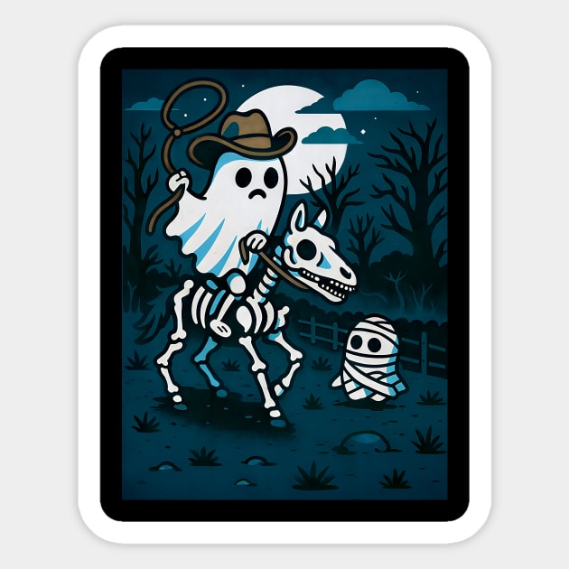 Ghost Cowboy and Skeleton Horse – Cute Spooky Western Halloween Art Sticker by DonWillisJrArt